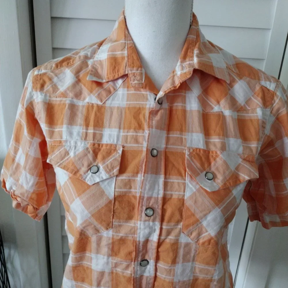 Polo Ralph Lauren Western orange plaid‎ pearl snap button closure short sleeve M